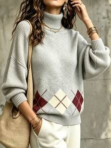 SHEIN Women's French Vintage Argyle Mock Neck Knit Sweater Women Autumn/Winter Loose Lazy Colorblock Diamond Pattern Pullover Halloween Top. - Grey - View 5