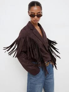 Maija Short Jacket With Fringe, Urban Style, Autumn/Winter - Brown - View 5