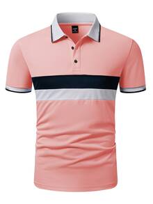 Manfinity Homme 橫條紋藍白灰拼色羅紋拉鍊休閒 Polo 短袖襯衫 - 彩色 - 查看 3