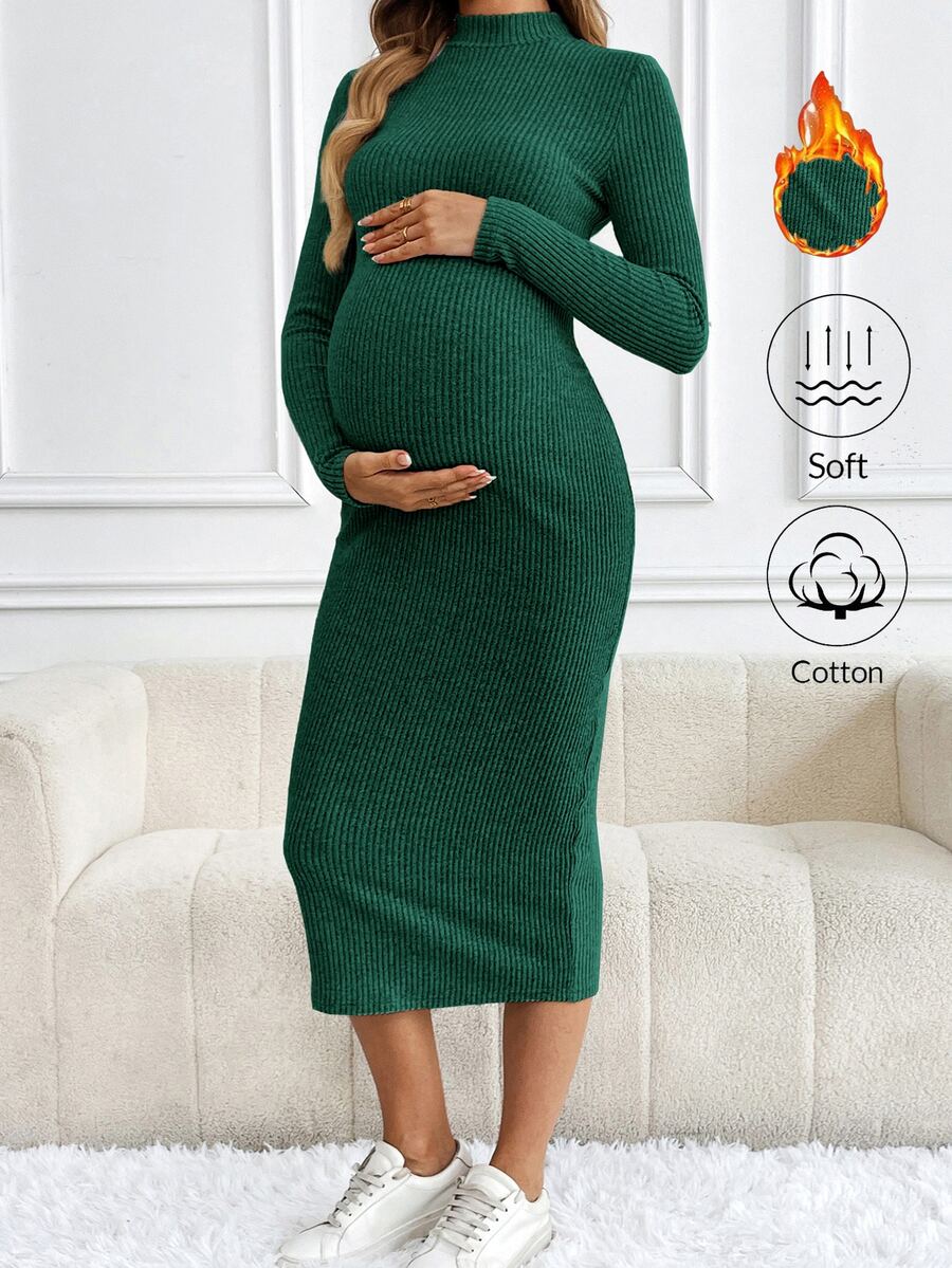 SHEIN Maternity Solid Color Stand Collar Long Sleeve Fitted Ribbed Knit Dress - Dark Green - View 1