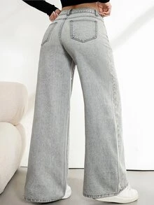 SHEIN Tall 女款水鑽裝飾口袋寬腿寬鬆休閒牛仔褲 - 灰色 - 查看 2