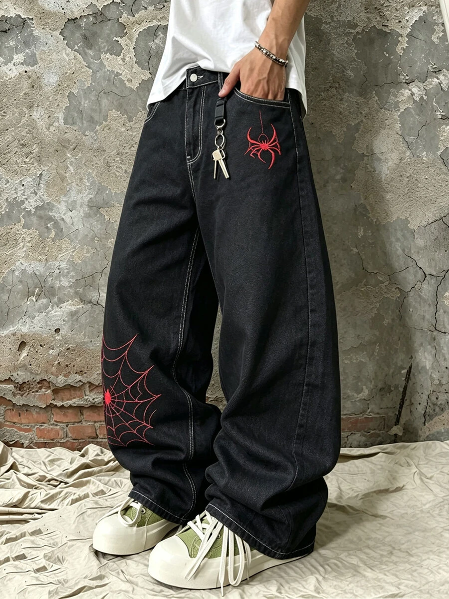 GALLERY FADE Men Y2K Punk Red Spider Spiderweb Embroidery Baggy Jeans Street Skater Loose Black Denim Pants - Black - View 1
