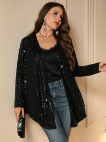 Miaspire Jaket Cardigan Payet Hitam Ukuran Plus Wanita Elegan untuk Musim Gugur - Hitam - View 1