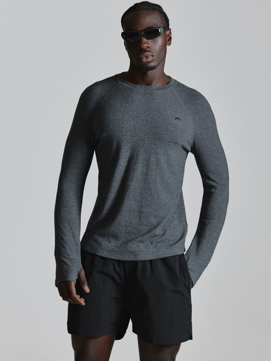 Musero Sport Long Sleeve Soft Active Crew Neck Top Muscle Fit Spring Summer Sports Activewear - Dark Grey - View 1