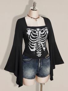 SHEIN ICON 大尺碼女款萬聖節骷髏印花上衣，節日表演服裝 - 彩色 - 查看 4