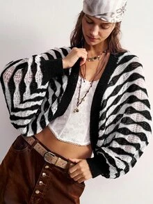 Bohemela Women's Vintage Street Style Colorblock Hollow Knit Cardigan - Black and White - View 9