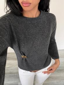 Elenzga Women's Solid Color Round Neck Dropped Shoulder Long Sleeve Side Waist Metal Decor Sweater - Black - View 1