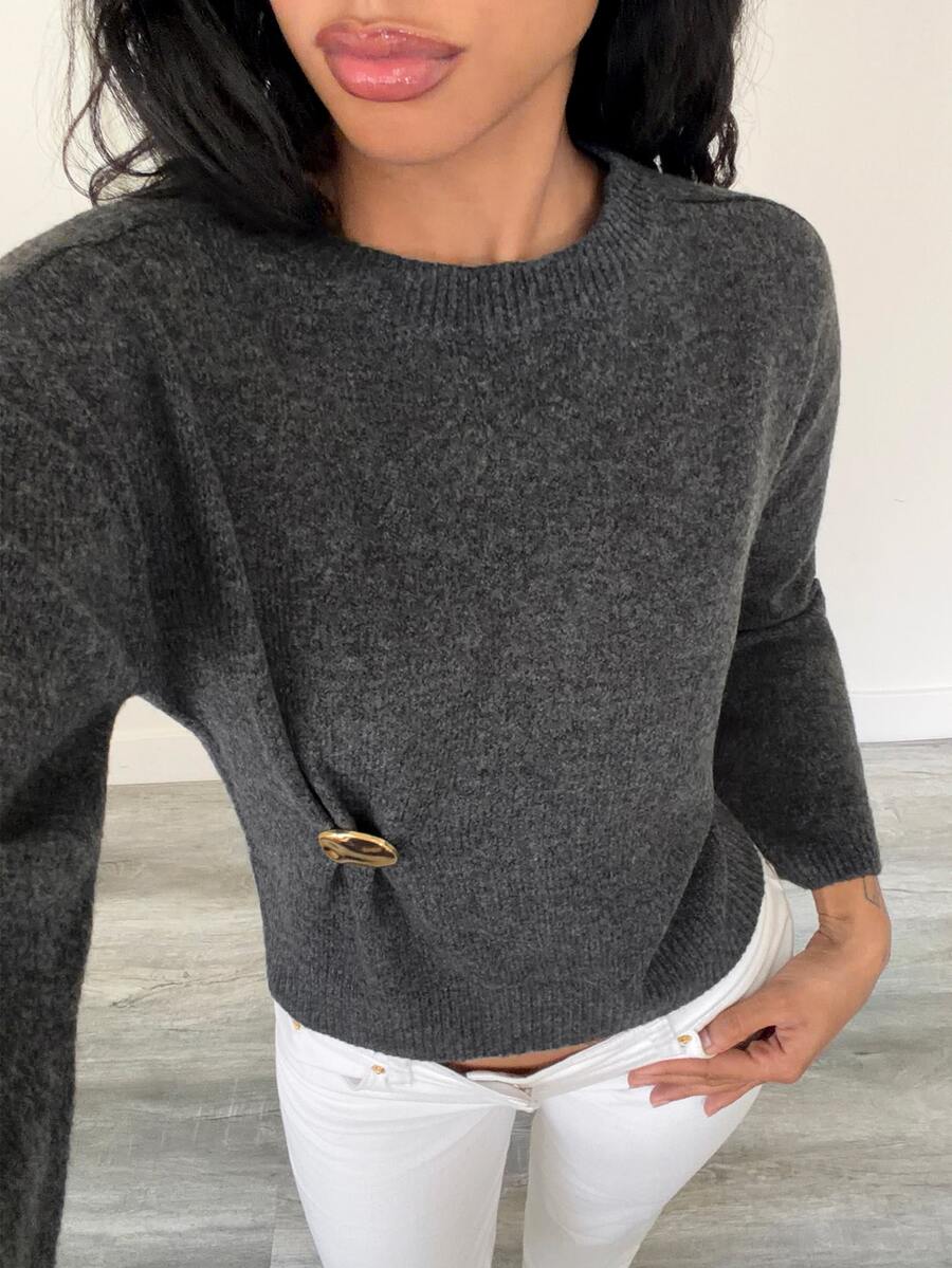 Elenzga Women's Solid Color Round Neck Dropped Shoulder Long Sleeve Side Waist Metal Decor Sweater - Black - View 1