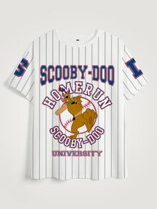 SCOOBY-DOO X SHEIN 大尺碼夏季休閒條紋卡通字母印花T恤 - 白色 - 查看 7