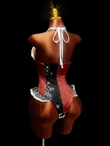 Amplova Women's Sexy Bodysuit With Side Lace Patchwork, Halloween Clown Cosplay Costume, Avant-Garde - Red and White - View 5