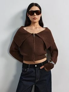 MERLEAU Women's Modern Brown Open Front Knit Top - Brown - View 6