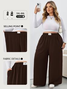 SHEIN CURVE+ 大尺碼格紋長褲，黑白格紋彈性腰帶口袋寬腿褲，2026秋冬 22W - 咖啡棕 - 查看 9