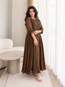 Solavon Plus Size Women's Solid Color Round Neck 3/4 Sleeve Button Design Casual Dress - Coffee Brown - View 5