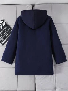 SHEIN 兒童青少年男孩休閒學院風舒適時尚簡約實用百搭帽子，紅色格紋裝飾，毛絨內裡，舒適加厚連帽大衣，適合秋冬，絎縫外套、填充外套、冬季外套 - 寶藍色 - 查看 3