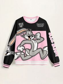 LOONEY TUNES X SHEIN 大尺碼女款字母卡通印花圓領長袖休閒運動衫 - 白色 - 查看 3