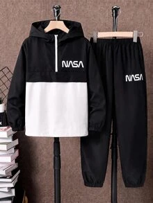 SHEIN 青少年男孩半拉鍊連帽外套與慢跑長褲2件套，休閒運動風，適合秋冬、通勤、上學、日常穿著、度假、旅行、運動，四季皆宜，抓絨加厚 - 黑與白 - 查看 4
