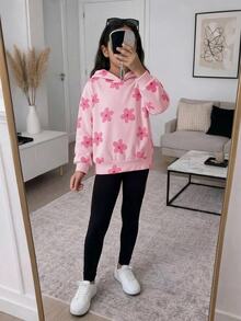 女童上衣 針織拉鍊連帽衛衣 粉色花卉印花 前口袋 保暖內裡 舒適款 秋冬穿著 - 粉色 - 查看 1