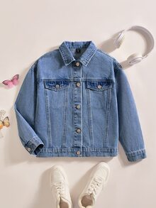 Tween Girl Letter & Butterfly Pattern Casual Daily Denim Jacket - Dark Wash - View 2