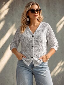 Vionelle Plus Size Autumn/Winter Casual Faux Lace Print Cardigan - Multicolor - View 6