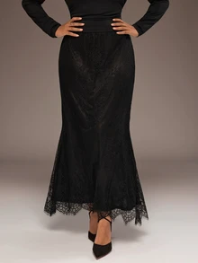 Freevana Plus Size Women's Lace Patchwork Casual Elegant Versatile Skirt Autumn Cocktail Evening Black - Black - View 1