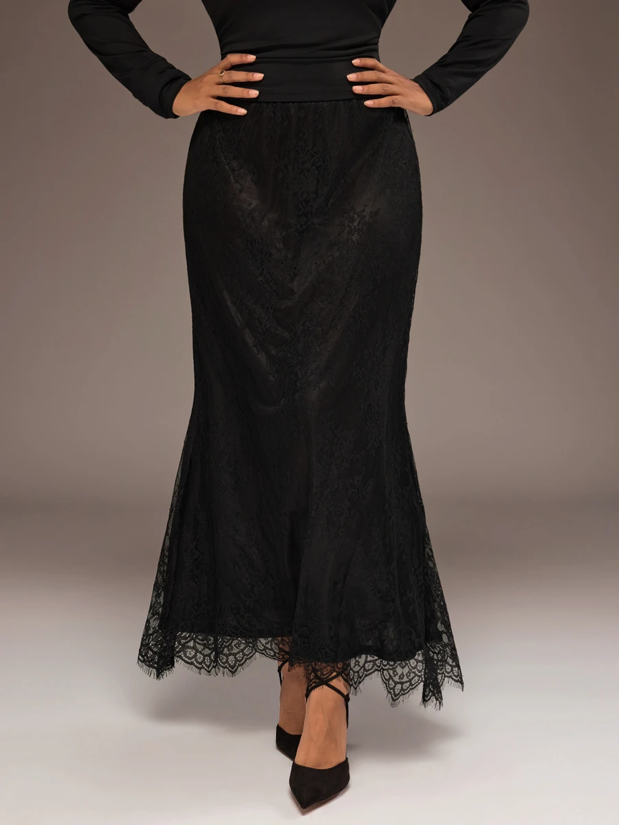 Freevana Plus Size Women's Lace Patchwork Casual Elegant Versatile Skirt Autumn Cocktail Evening Black - Black - View 1
