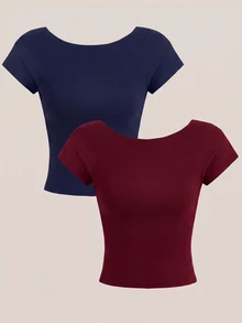SHEIN EZwear 2件組 女款露背圓領短袖修身短版T恤 - 彩色 - 查看 2