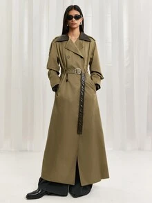 LYSMO Women's PU Plaid Collar Long Coat, Autumn/Winter Commute - Army Green - View 7