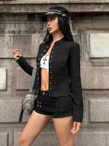 StreetHx Setelan Fashion Kasual Retro Gaya Jalanan Gadis Seksi: Jaket Napoleon Kancing Depan Terbuka + Celana Pendek Denim Pinggang Rendah - Hitam - View 6