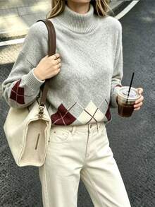 SHEIN Women's French Vintage Argyle Mock Neck Knit Sweater Women Autumn/Winter Loose Lazy Colorblock Diamond Pattern Pullover Halloween Top. - Grey - View 3
