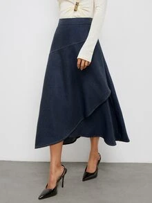 Maija Deep Washed Blue Women's Skirt, Autumn Urban Casual Layered Voluminous Hem - Navy Blue - View 4