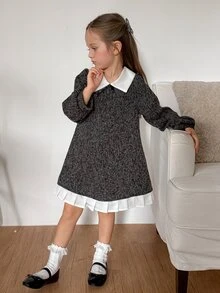 Dazy Kids Young Girl) Waist-Cinching Long Sleeve Contrast Color Lapel Princess Bow Decor Elegant Autumn Dress - Black - View 7