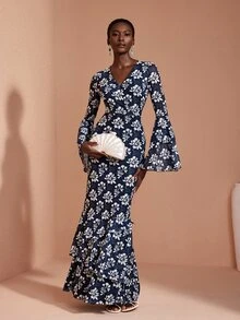 JIAN LASALA Mesh Long Double Layers Sleeve V Overlapped Neckline Uneven Hem Long Dress Vacation Elegant - Multicolor - View 5