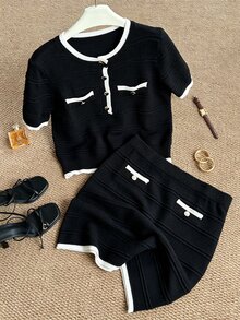 Grovea Plus Size Elegant Button Contrast Color Short Sleeve Knit Top And Mini Skirt Set - Black - View 1
