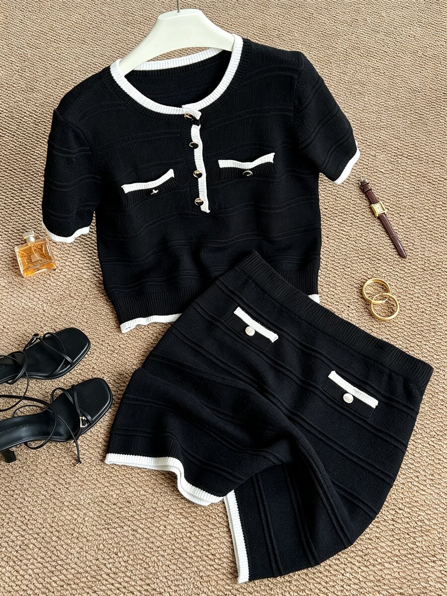 Grovea Plus Size Elegant Button Contrast Color Short Sleeve Knit Top And Mini Skirt Set - Black - View 1