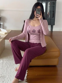 DAZY 3pcs Women's Pajama Set: Star Pattern Camisole Top, Short Cardigan, Long Sleeve Jacket, Straight Long Pants - Purple - View 6