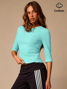 Athîral Women's Casual Versatile Solid Color Fitted T-Shirt - Teal Blue - View 4