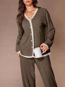 Lazeform Autumn/Winter V-Neck Cardigan Button Long Sleeve Lace Patchwork Top And Straight Leg Pants Women's Pajama Set - Brown - View 6