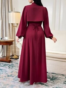 Feyla Women's Elegant Button Strapless Dress With Cropped Tie Long Sleeve Top 2 Pieces Set - Red - View 2
