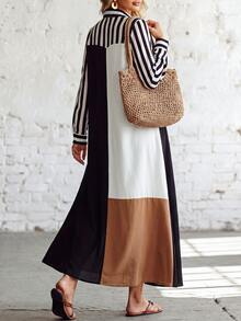 SHEIN Casual Commute Minimalist Women's Long Sleeve Striped Multicolor Dress, Autumn/Winter Style, Suitable For Office, Work And Outings - Multicolor - View 3