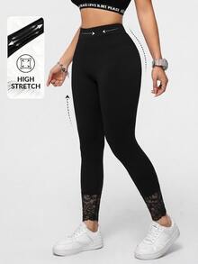 SHEIN Essnce Casual Elegant Plus Size Lace Patchwork Black Leggings Suitable For Autumn, Black Pants - Black - View 4