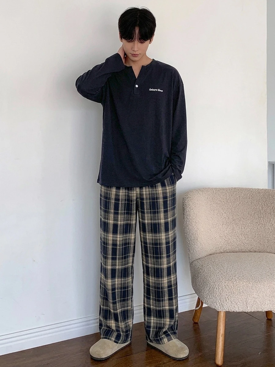 DAZY 夏季字母印花T恤與格紋長褲男士居家休閒套裝 - 彩色 - 查看 1