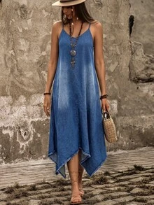 EMERY ROSE Gaun Denim Wanita Kasual dengan Hem Asimetris, Saku, dan Tali Bahu untuk Liburan - Royal Blue - View 3