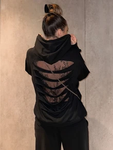 INAWLY 女款新款秋季/冬季T恤，美式休閒寬鬆連帽後背燒花蕾絲拼接長袖T恤，美式街頭風後背蕾絲拼接性感薄款T恤，黑色寬鬆T恤，燒花工藝連帽上衣，蕾絲T恤，適合秋季日常居家、外出、上學、購物 - 黑色 - 查看 3