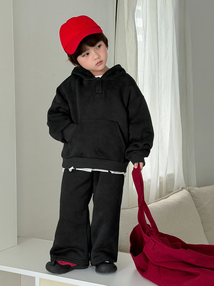 DAZY Baby Boy Solid Color Pocket Hoodie And Sweatpants Casual Set - Grey - View 1