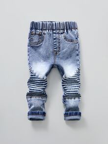 Baby Boy Autumn/Winter Denim Long Pants, Light Blue Washed Distressed Texture, Knee Pleat Decoration, Handsome Casual Durable Denim Long Pants For Infants And Toddlers - Light Wash - View 3