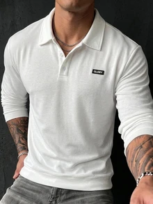 DAZY 春秋款白色素色胸前貼布 POLO 領男士長袖 T 恤 - 白色 - 查看 5