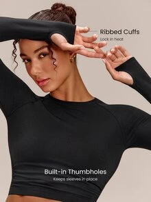 GLOWMODE Second-Skin Seamless Training Day Cropped Long Sleeve Training Top With Side Ruching & Ribbed Cuffs Training Workout Gym Fitness Fall Wear - Black - View 5