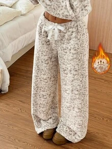 SHEIN EZwear Women's Leopard Print Coral Fleece Long Pants, Winter - Multicolor - View 7
