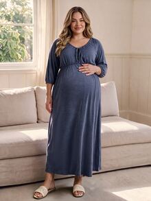 SHEIN Blue Plus Size Maternity Loungewear Dress, Casual Spring/Autumn V-Neck Drawstring Ruched Comfortable Slimming - Blue - View 7
