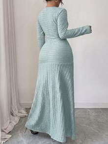 Modelyn Women's Long Autumn Round Neck Metal Button Long Sleeve Jacquard Plus Size Elegant Party Dress - Blue - View 7